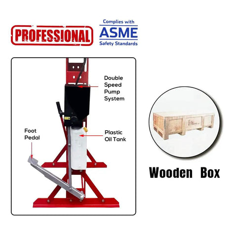 Side view of 30 Ton H Frame Hydraulic Shop Press With Floor Press Plates, showing foot pedal, double speed pump, and wooden box.
