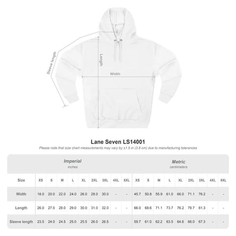 Outrigger Canoe Sunset Molokai Hawaii Inspired Three Panel Fleece Hoodie size chart with measurements and white hoodie outline