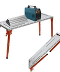 Portable Welding Table Folding Workbench With 1000 Lbs Capacity featuring adjustable legs, steel surface, and rolling wheels for MIG welding.