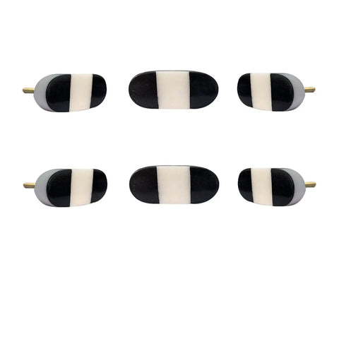 Set Of Six Oval Marble Cabinet Knobs Black And White Pattern For Kitchen Dresser Upgrade Zero Fuss Install Solid Build Quick Swap Hardware For A Top Notch Home Glow Up, showcasing unique design and durable material.