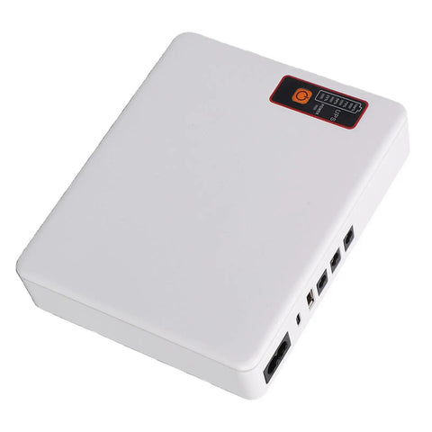 Slick Mini UPS With 20800mAh Capacity Delivers Steady 18W Power unit, compact white design with multiple output ports.