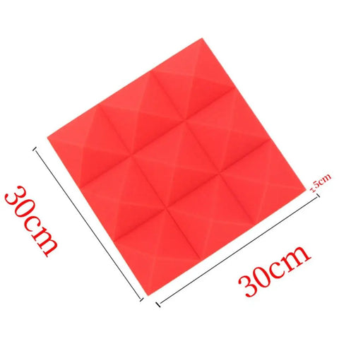 Pro Level Studio Gear Acoustic Foam Panels 12 Pack Sound Dampening Wall Tiles 2 X 12 X 12 Inch Flat Out Echo Killing Pads For Home Jam Bands And Podcast Booths In Cool Red shown in 30cm size with dimensional markings.
