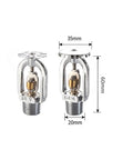No Fuss Five Piece Fire Sprinkler Head Kit With Quick Blow Fusible Link And Wide Seventy Two Degree Spray Pattern. Two chrome sprinkler heads shown, 60mm height.