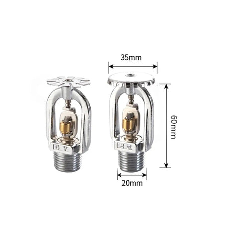 No Fuss Five Piece Fire Sprinkler Head Kit With Quick Blow Fusible Link And Wide Seventy Two Degree Spray Pattern. Two chrome sprinkler heads shown, 60mm height.