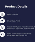 Product details of Adjustable Clamp Desk Lamp With Metal Gloss Black Finish, heavy-duty build, compatible with 40W bulbs.