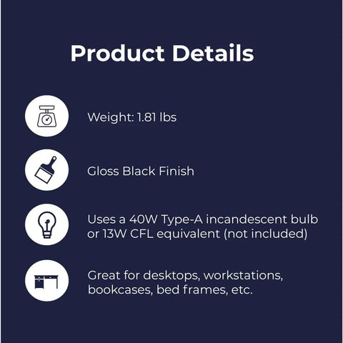 Product details of Adjustable Clamp Desk Lamp With Metal Gloss Black Finish, heavy-duty build, compatible with 40W bulbs.