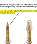 Brass Presta to Schrader Valve Adapter Set For Bikes, 5 Pack, shown with threaded valve core for installation instructions.