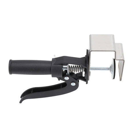 No Sweat Quick Release Drawer Installation Jig With Heavy Duty Press Clamp And Non Slip Grip Pads for cabinet alignment tool side view.