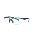 Heavy Duty Safety Glasses With Clear Polycarbonate Lenses And No Sweat Anti Fog Coating Featuring Adjustable Ratchet Temples In Gray And Blue Green