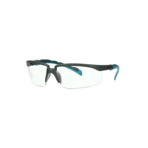 Heavy Duty Safety Glasses With Clear Polycarbonate Lenses And No Sweat Anti Fog Coating Featuring Adjustable Ratchet Temples In Gray And Blue Green