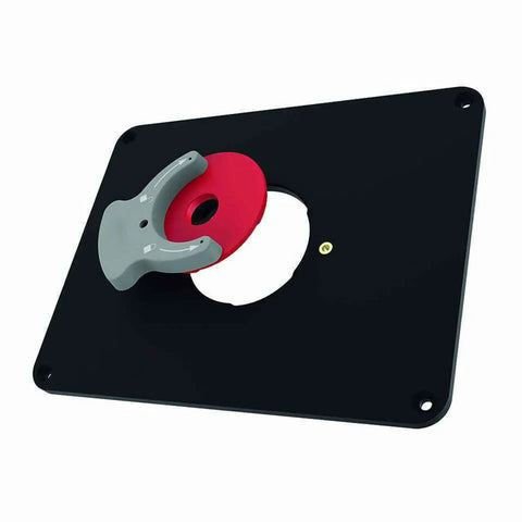 Rock Solid Metal Router Table Insert Plate Featuring Quick Adjust Centering Rings For Seamless Milling And Top Tier Woodworking Crafts Heavy Duty Workshop Essential That Just Works with red centering ring and gray adjuster.