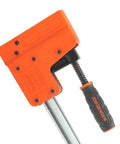 Heavy Duty 36 Inch 90 Degree Parallel Steel Bar Clamp For Woodworking And Cabinet Build With Multi Plate Clutch Mechanism, close-up of orange clamp.