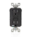 Self Test Smartlockpro Slim GFCI Receptacle With Bright LED Light Built Like A Tank Weather Resistant Tamper Proof Top Shelf Heavy Duty Design 20 Amp Ground Fault Protector Black 10 Pack outlet front view with test and reset buttons