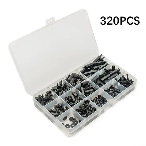 M3 Nylon Hex Spacer Standoff Kit With 320 Piece Hardware Set For PCB Motherboard Assembly Black Storage Box And Nylon Pillars Screws Nuts And Washers For Easy Solid Mounting, 320pcs kit in organizer