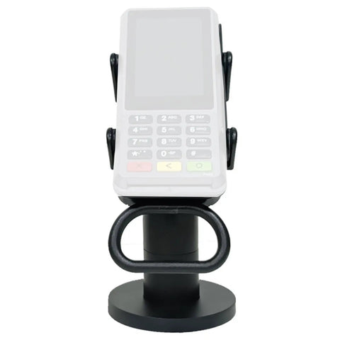 Front view of adjustable credit card reader bracket with 180 degree rotation and 90 degree tilt, black ABS material stand