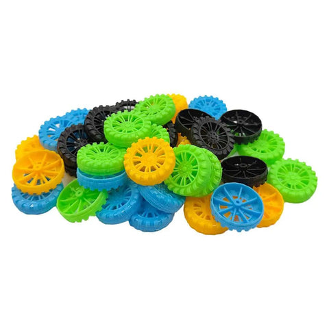 40 Pc Plastic Vehicle Wheels With 20 Pc Metal Axles For RC Cars Trucks Drones Robots Helicopters Diy Model Toys Building Accessories Mix Colors 1.38 Inch Diameter Wheels And 3.94 Inch Long Shafts. Assortment of colorful plastic wheels.