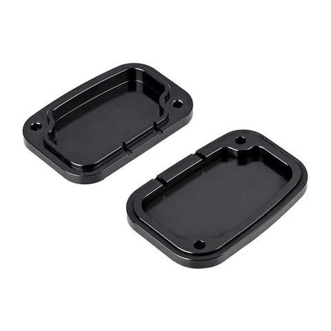 Premium CNC Machined Brake Clutch Master Cylinder Covers For Custom Cruisers Badass Edge Cut Anodized Aluminum Finish, black aluminum two-piece set.