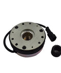2-piece electromagnetic brake set for forklift handling equipment, round metal housing with 24V wiring, front view