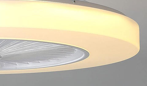 Slim Modern Ceiling Fan With Light For Indoor Kitchens Bathrooms And Bedrooms Remote LED Three Color Change Low Profile Flush Mount Quiet Fandelier With Eleven ABS Blades White, showing LED light ring and ABS blades close-up.