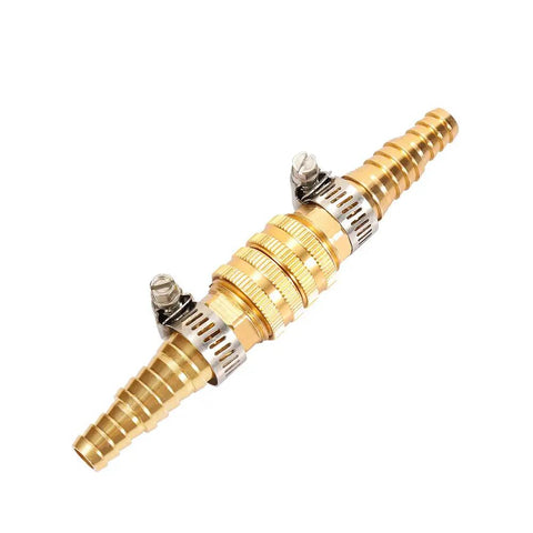 Metal Garden Hose Repair Connector Kit with Stainless Clamps for Half Inch, Three Quarter Inch or Five Eighth Inch Hoses, shown assembled