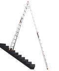 Skyscraper 17 Ft Adjustable Extension Stepladder With Crazy Reach For High Ceilings And Stairwells, Non Slip Feet, Safety Straps, Type IAA 375 Lb Rating, Ultra Tall Multi Position Ladder For Chandeliers And Skylights. 17 ft extension ladder on stairs