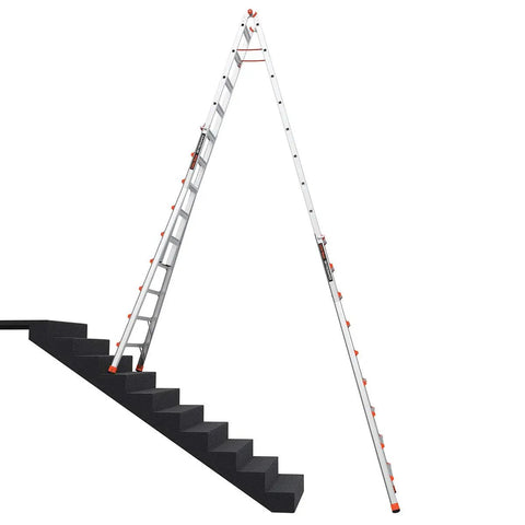 Skyscraper 17 Ft Adjustable Extension Stepladder With Crazy Reach For High Ceilings And Stairwells, Non Slip Feet, Safety Straps, Type IAA 375 Lb Rating, Ultra Tall Multi Position Ladder For Chandeliers And Skylights. 17 ft extension ladder on stairs