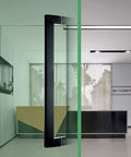 Heavy Duty Commercial Grade Push Pull Door Handle Rock Solid Matte Black Finish on glass door, showcasing zero wobble design.