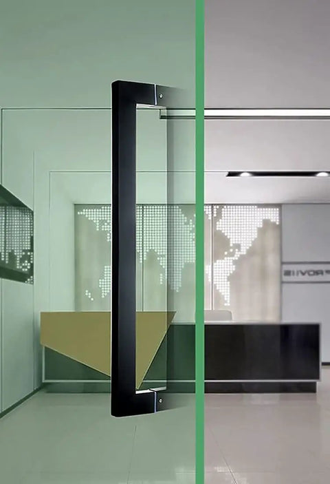 Heavy Duty Commercial Grade Push Pull Door Handle Rock Solid Matte Black Finish on glass door, showcasing zero wobble design.