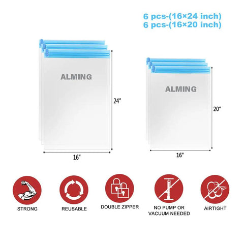 12 Pack Space Saver Vacuum Compression Bags For Travel No Pump Required Transparent PA And PE Material Includes 6 Medium 20x16 Inches And 6 Large 24x16 Inches For Clothes Gear And Home Packing