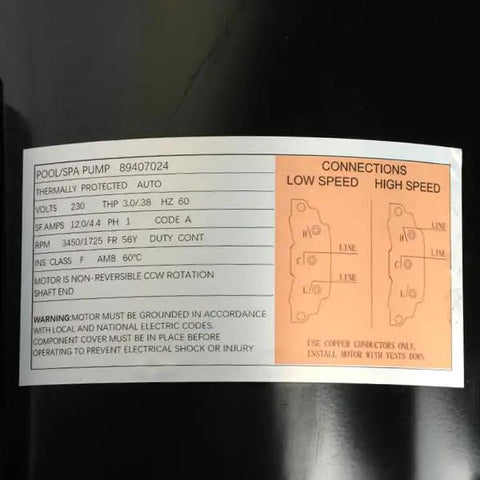 Label of Straight Swap Heavy Duty Spa Pump And Hot Tub Motor Packing 4 HP Dual Speed with electrical specifications and warnings.
