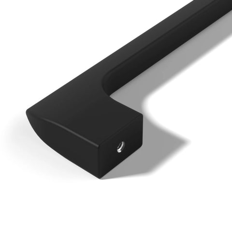 Close-up of flat black cabinet handle from 15 Pack Flat Black 10 Inch Hole Center Solid Metal Cabinet Handles For Kitchen And Bathroom Drawer Pulls Durable Stainless Steel Zinc Alloy Construction Includes One Inch And One Half Inch Screws Etna Collection.