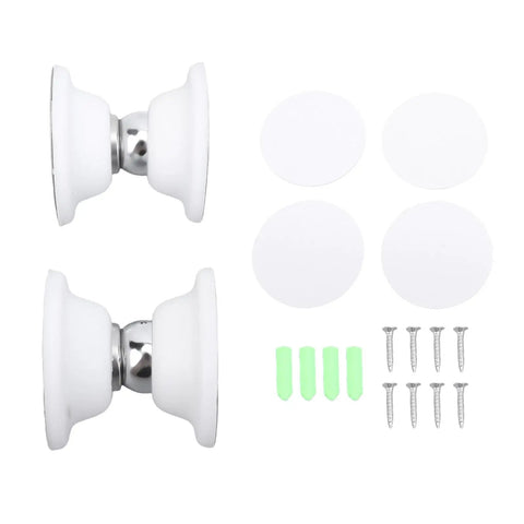 Secure Your RV With This Heavy Duty Magnetic Door Stopper That Holds Strong Travel Doors Shut And Stops Slamming Noise On The Road For Peace Of Mind While Cam핑 Or Driving Toward Your Next Adventure! two white magnetic door stoppers with installation screws and pads