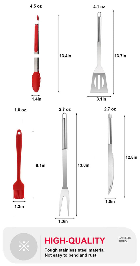 Stainless Steel Grill Tool Set With Chef Spatula Tongs And Fork Outdoor Barbecue Utensils Kit Built To Last Travel Ready Grilling Accessories For Home Or On The Go A Smart Gift For Grill Masters dimensions of spatula, tongs, fork, knife, basting brush shown on a white background