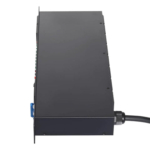 Professional Audio Power Conditioner With Power Sequencer And Voltage Stabilization Ten Dual Access Plugs Smart Breaker Guard Rack Mount Chassis side view.