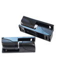 Rock Solid Zinc Alloy Cold Storage Door Hinge Featuring Smooth Lift Assisted Self Closing Pivot Built Tough For Commercial Freezer Rooms And Pro Grade Refrigeration Hardware shown from the side, showcasing two black door hinges.