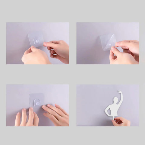 Kickass Sticky Wall Hooks Featuring A Snazzy Ballet Design deliver rock solid hold as hands demonstrate adhesive application steps.