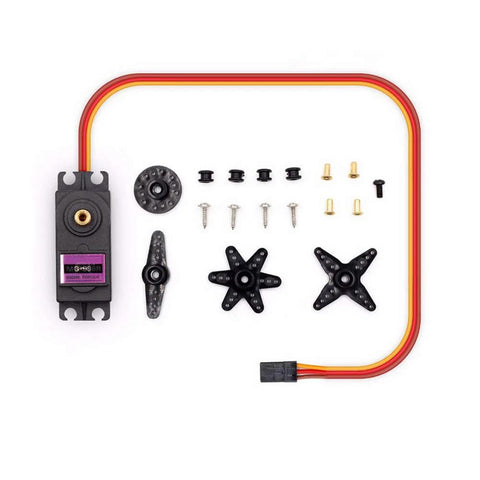 Two MG996R metal-gear servo motors with mounting hardware, horns, screws, spacers, and red-yellow lead
