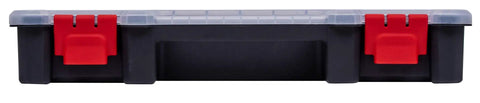 Front view of black 2-Pack Stackable Small Parts Organizer Boxes With 20 Compartments And 12 Removable Dividers Per Box for storage use