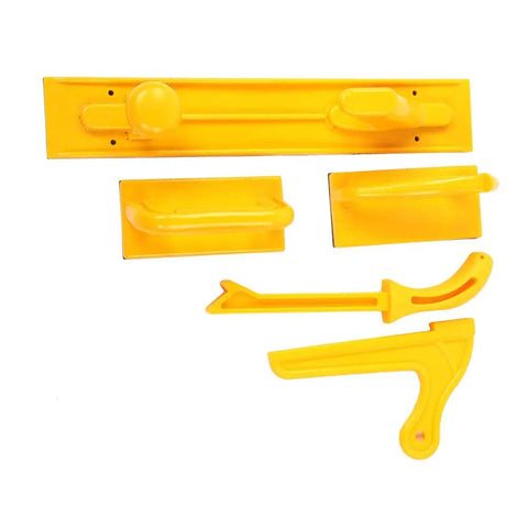 Image of Five Piece Push Block Set For Woodworking With Grippy Rubber Bottoms, including short and long push blocks, V stick, and push stick.