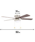 52 Inch Hugger Ceiling Fan With Bowl Light Kit In Brushed Nickel, Low Profile 11.5 Inch Drop, 5 Dual Finish Blades, West Hill Style