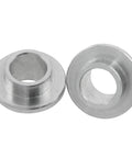 Close-up of two aluminum spacers from an 8 Millimeter Aluminum Roller Skate Bearing Spacer Set For Skateboard Scooter Quad Axles.