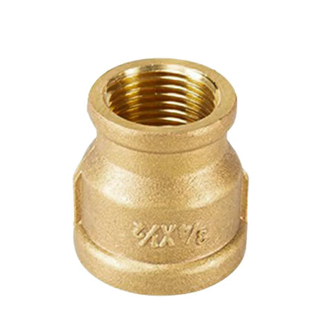 Brass reducing coupling pipe fitting, 1/2 in NPS female x 3/4 in NPS female, threaded brass construction, front view