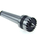 Side view of HFS MT2 woodworking lathe drive center with 1-inch crown; silver metal body, black crown gear