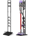 Dyson Vacuum Stand And Cordless Vacuum Accessory Organizer For V15 V11 V10 V8 V7 V6 And DC30 DC31 DC34 DC35 DC58 DC59 DC62 DC74 Heavy Duty Metal Storage Holder For Home Garage And Kitchen Black showing metal stand and vacuum with accessories