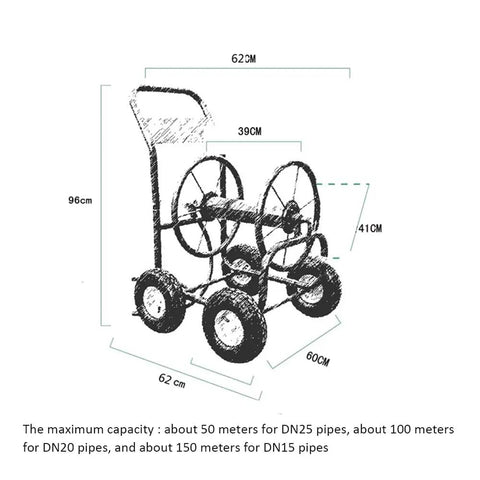 Heavy Duty Garden Hose Reel Cart Wagon With Three Quarter Inch Hose Holds Up To One Hundred Meters, sturdy steel frame,  dimensions 62cm x 96cm.