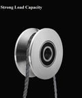 Close-up of Beefy Build Sliding Gate Rollers With Stainless Steel V Groove Wheels And Cable Pulley Block Quiet Smooth Operation