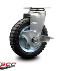 Rock Solid Pneumatic Swivel Caster With 6 Inch Black Wheel And Top Locking Brake 250 Lb Capacity mounted on a steel bracket.