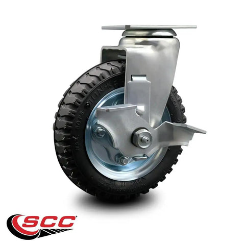 Rock Solid Pneumatic Swivel Caster With 6 Inch Black Wheel And Top Locking Brake 250 Lb Capacity mounted on a steel bracket.