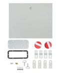 Durable Outdoor Electrical Box Lockable Enclosure, IP55 Waterproof NEMA Steel Case with hinges, backplate, and accessories shown