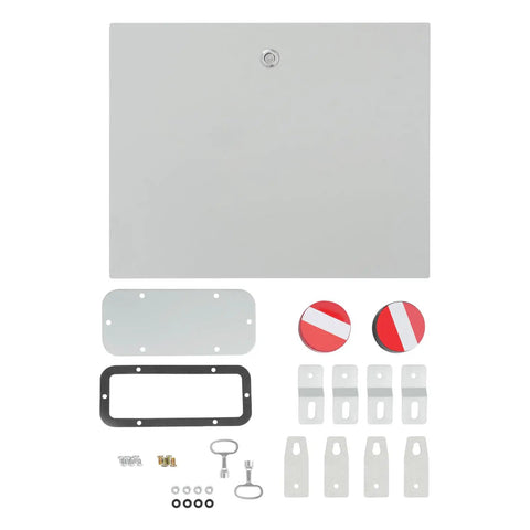 Durable Outdoor Electrical Box Lockable Enclosure, IP55 Waterproof NEMA Steel Case with hinges, backplate, and accessories shown